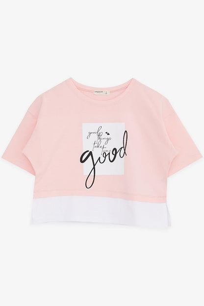 Girl's Crop T-Shirt, Text Printed, Side Slits, Pink (Ages 9-14)