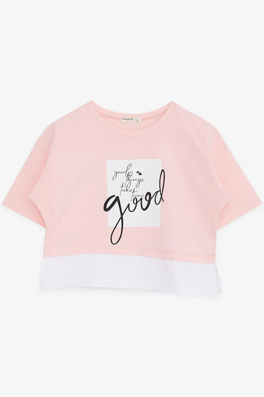 Girl's Crop T-Shirt, Text Printed, Side Slits, Pink (Ages 9-14)