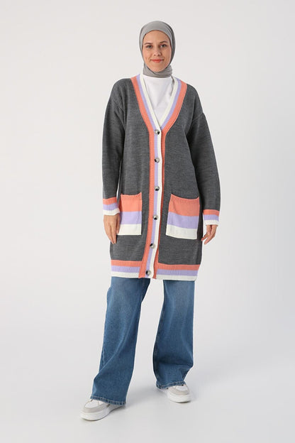 Smoked Pocket Striped V-Neck Knitwear Cardigan