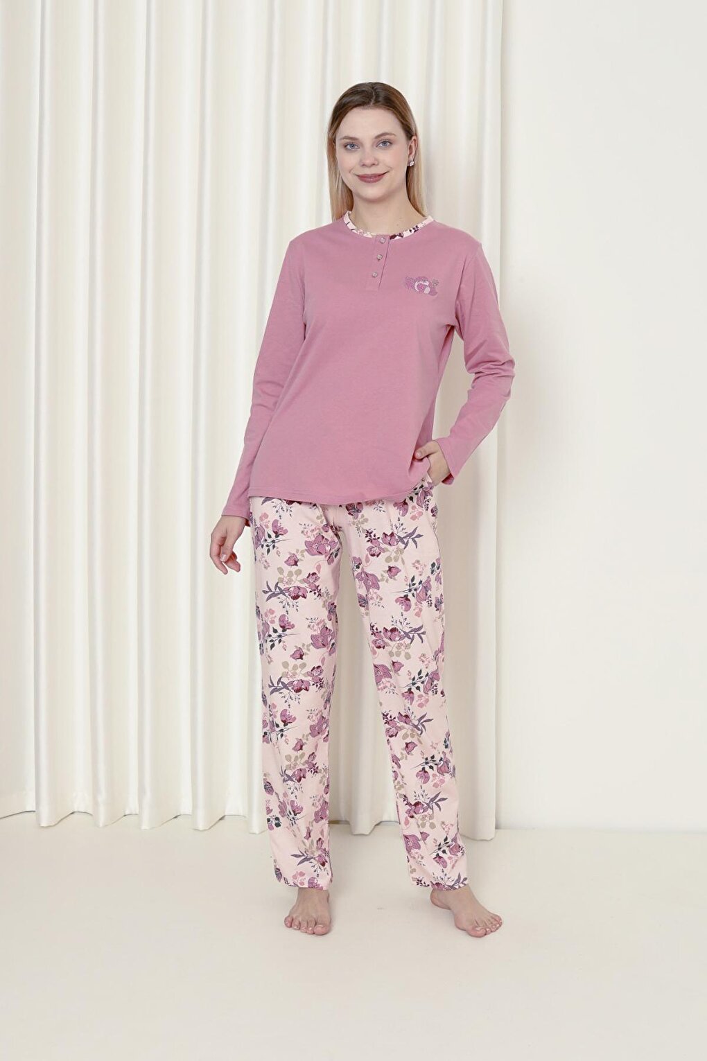 Women's Pajama Set Single Jersey Long Sleeve Floral Cotton Seasonal W20242241