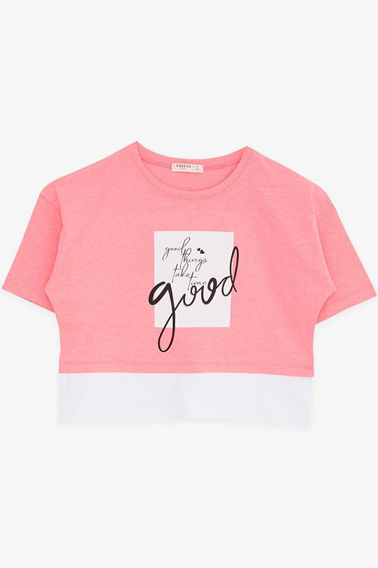 Girl's Crop T-Shirt Printed with Side Slits Neon Pink (9-14 Years)