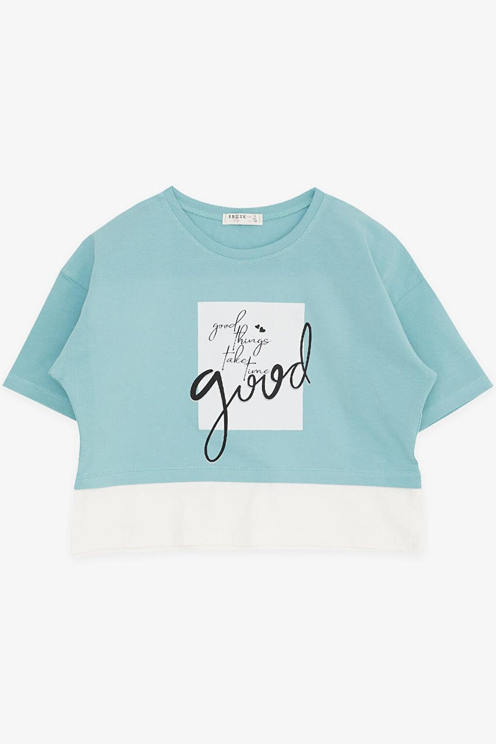 Girl's Crop T-Shirt with Text Print and Slits on the Sides, Mint Green (Ages 9-14)