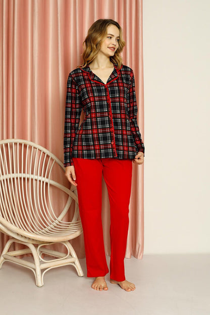 Women's Pajama Set Plaid All-over Buttoned Top Patterned Plain Bottom Cotton Seasonal W20502277