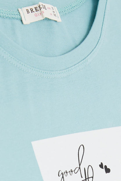 Girl's Crop T-Shirt with Text Print and Slits on the Sides, Mint Green (Ages 9-14)