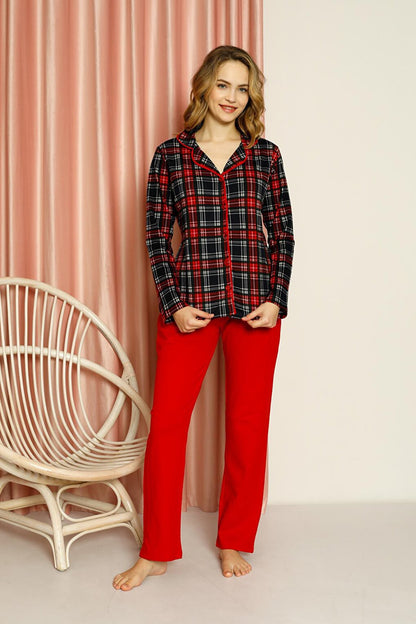 Women's Pajama Set Plaid All-over Buttoned Top Patterned Plain Bottom Cotton Seasonal W20502277