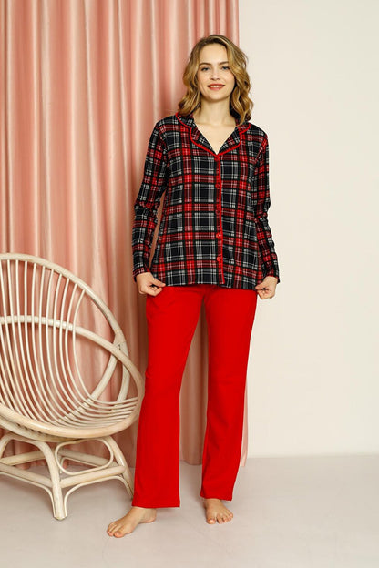 Women's Pajama Set Plaid All-over Buttoned Top Patterned Plain Bottom Cotton Seasonal W20502277