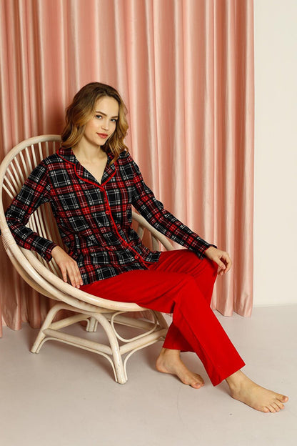 Women's Pajama Set Plaid All-over Buttoned Top Patterned Plain Bottom Cotton Seasonal W20502277