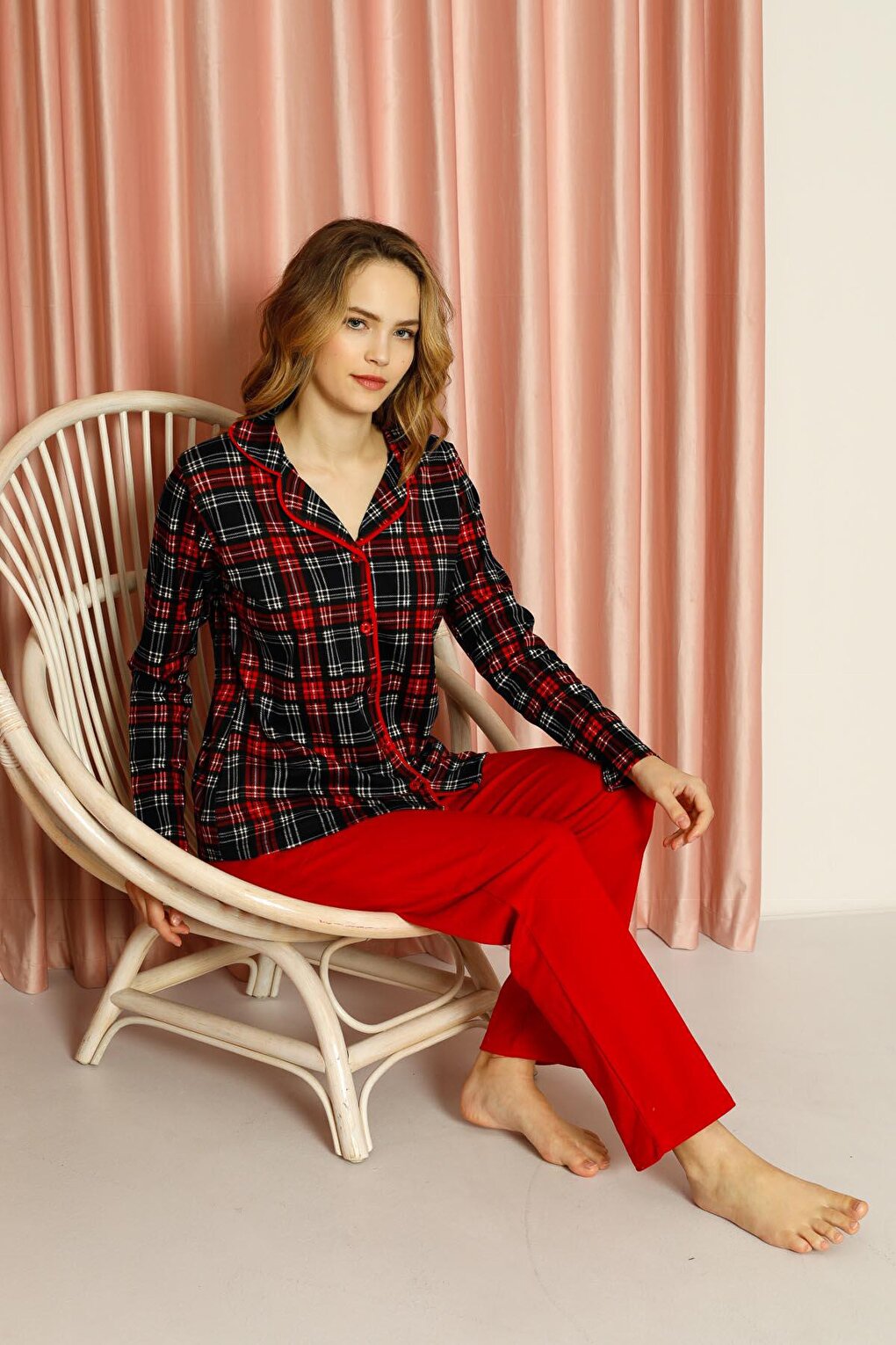 Women's Pajama Set Plaid All-over Buttoned Top Patterned Plain Bottom Cotton Seasonal W20502277