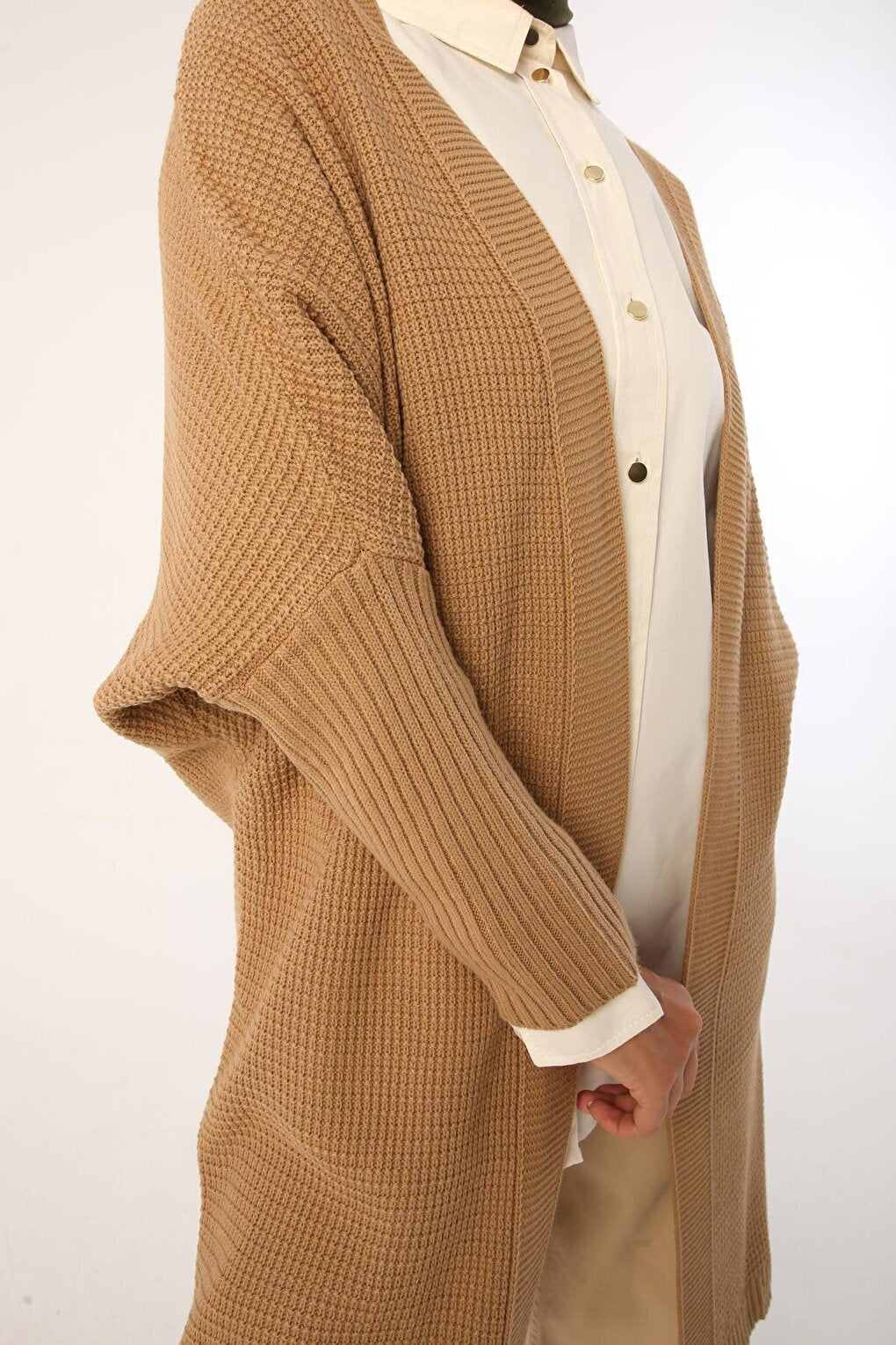 Camel Open Front T-Sleeve Knitwear Cardigan