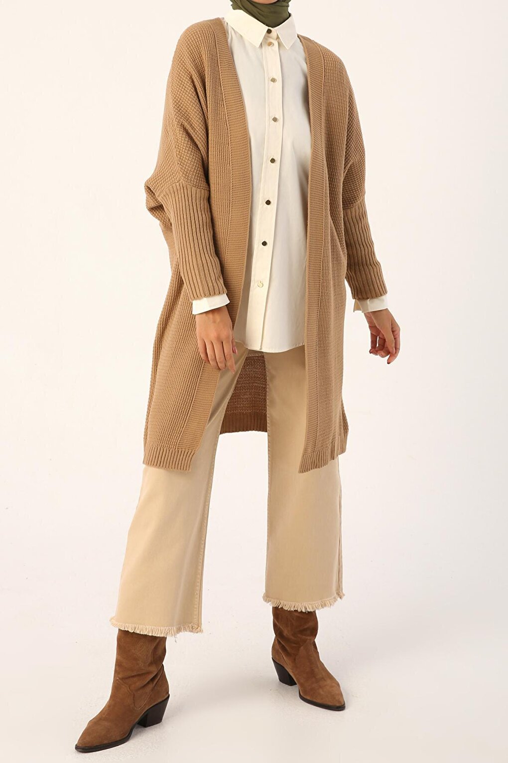 Camel Open Front T-Sleeve Knitwear Cardigan