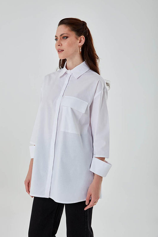 Cut-Cuffed White Shirt Tunic