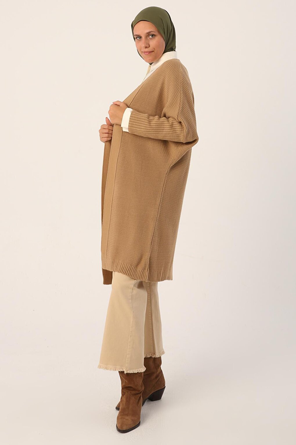 Camel Open Front T-Sleeve Knitwear Cardigan