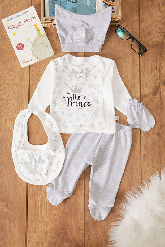 5-Piece Baby Boy Bodysuit Set with Gray Prince Printed Hat 17523