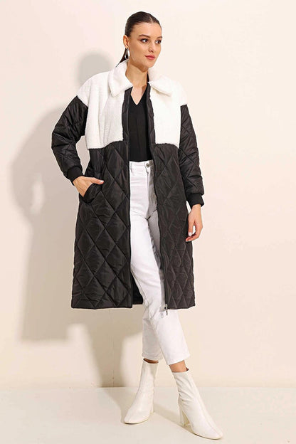 White Fur Detailed Zippered Puffer Coat