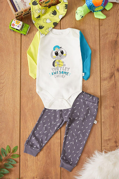 Turtle Printed Baby Boy 3 Piece Set with Snap Fastener and Apron 17514