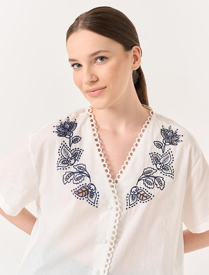 White V-Neck Short Sleeve Floral Embroidered Shirt