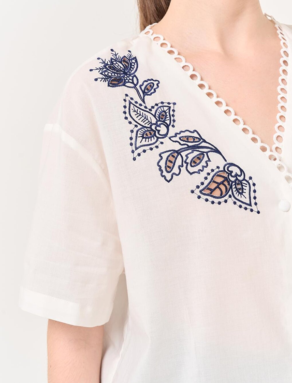 White V-Neck Short Sleeve Floral Embroidered Shirt