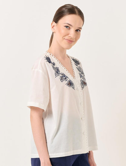 White V-Neck Short Sleeve Floral Embroidered Shirt