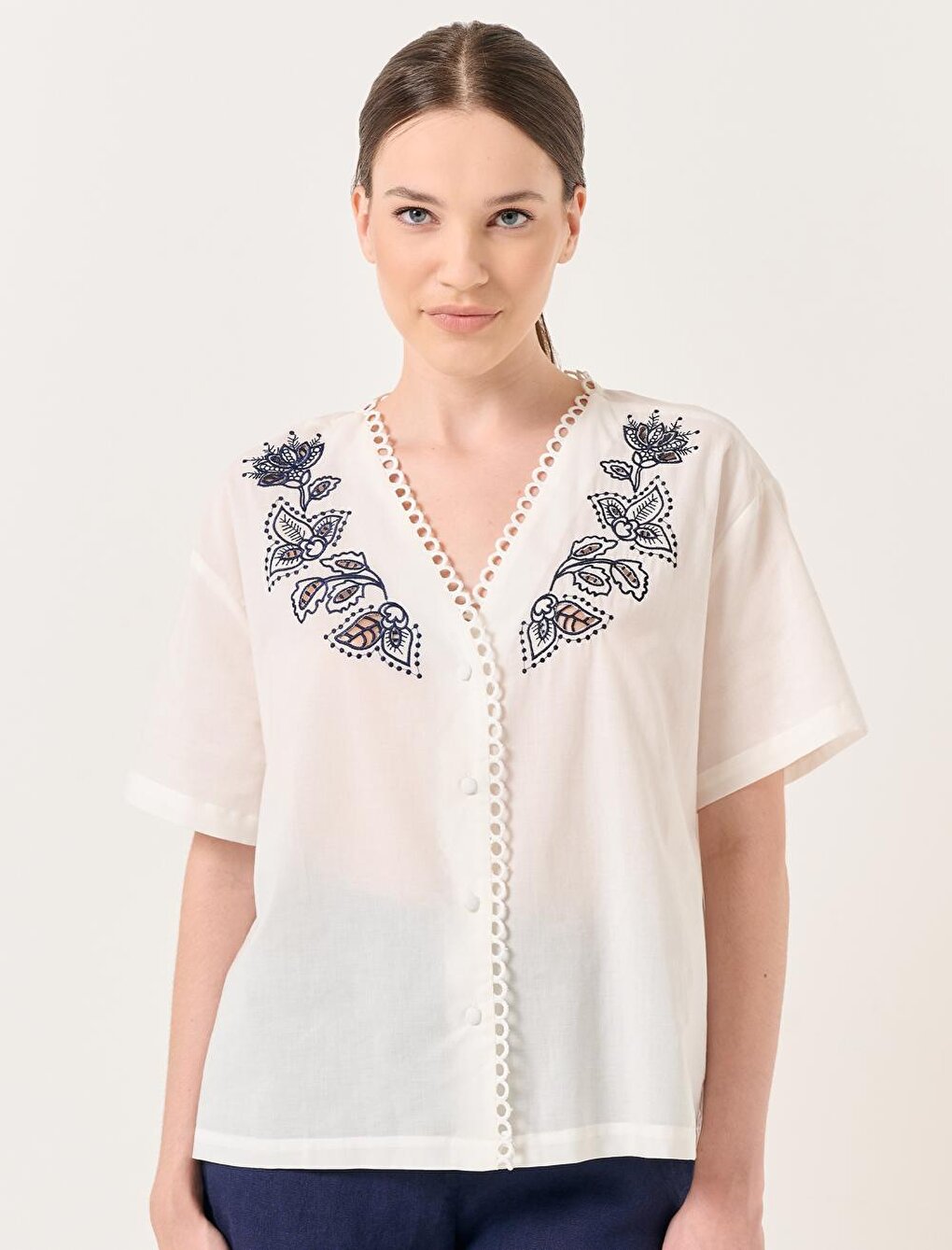 White V-Neck Short Sleeve Floral Embroidered Shirt