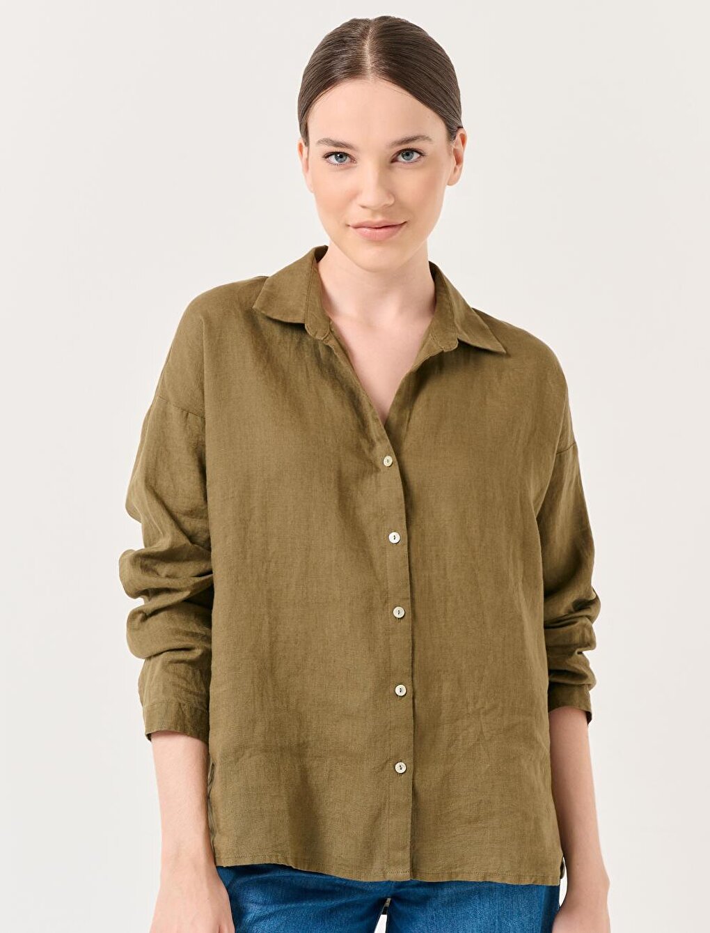 Khaki Long Sleeve Woven Linen Shirt