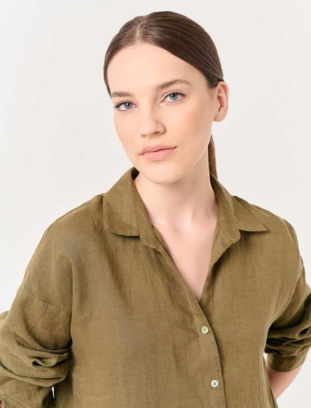 Khaki Long Sleeve Woven Linen Shirt