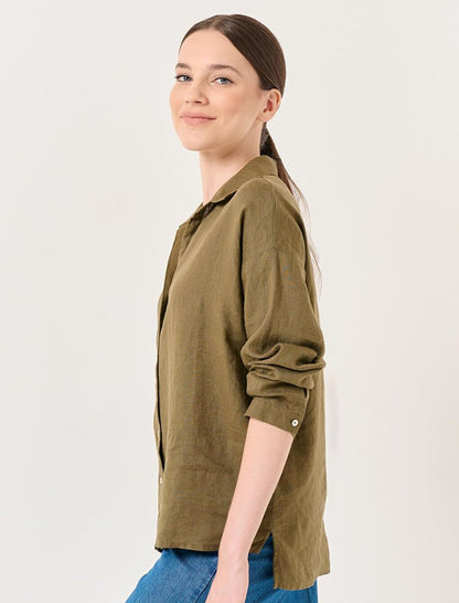 Khaki Long Sleeve Woven Linen Shirt