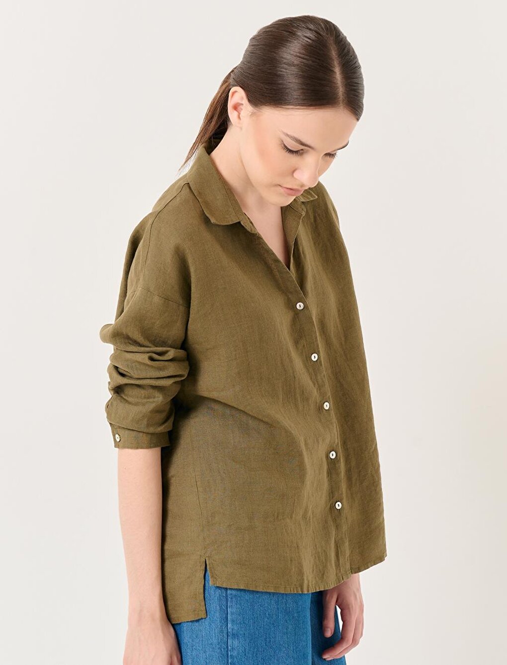 Khaki Long Sleeve Woven Linen Shirt