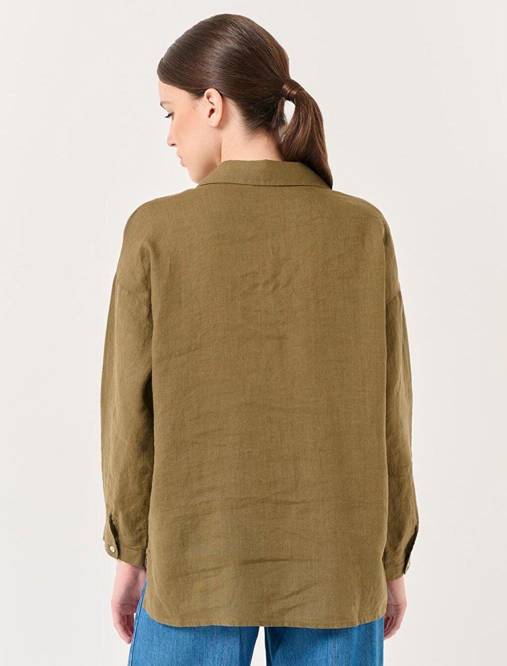 Khaki Long Sleeve Woven Linen Shirt