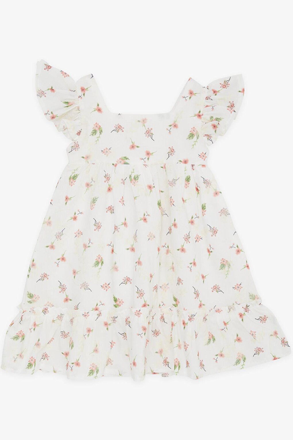 Girl's Dress Floral Frilled Embroidered Ecru (Age 2-6)