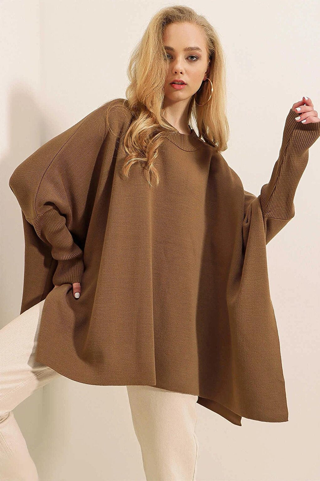 Light Brown High Collar Slit Oversize Poncho