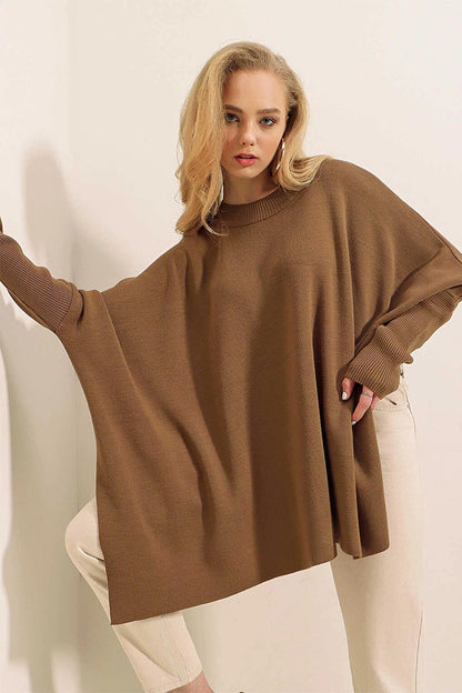 Light Brown High Collar Slit Oversize Poncho