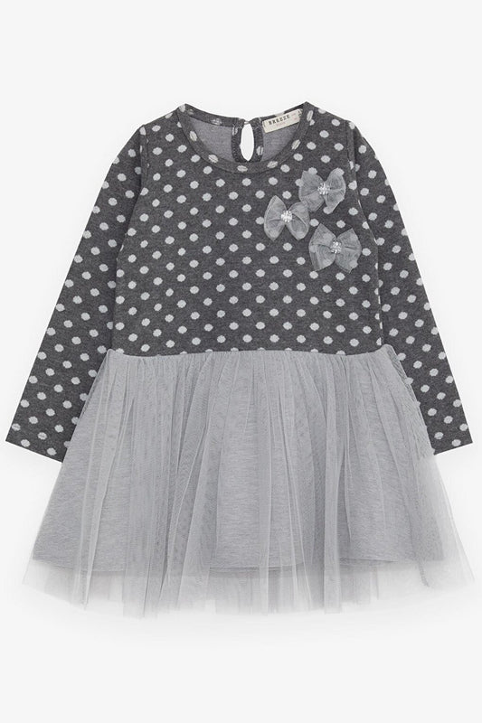 Girl's Long Sleeve Dress, Tulle and Bow, Smoked (Age 1.5-5)