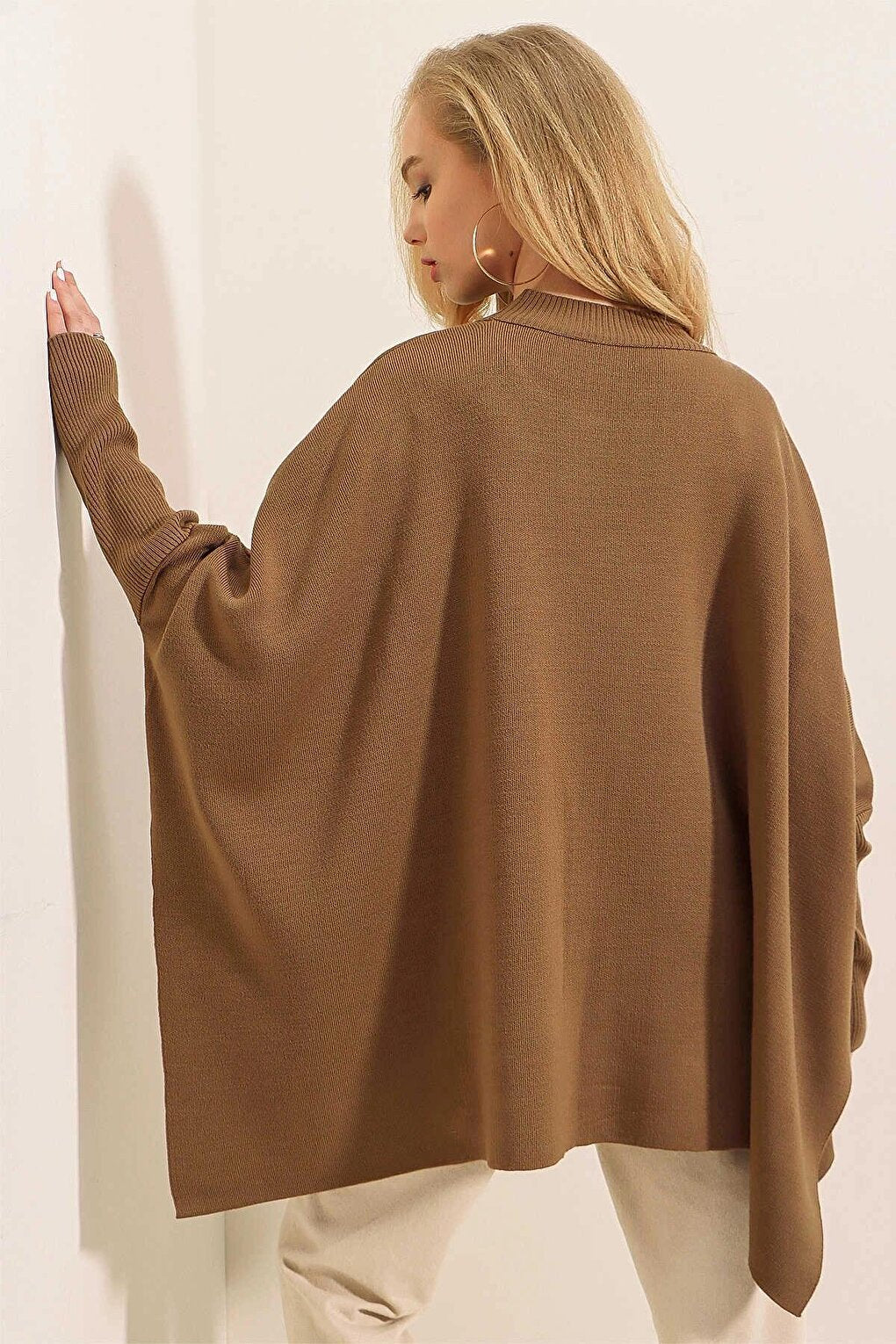 Light Brown High Collar Slit Oversize Poncho