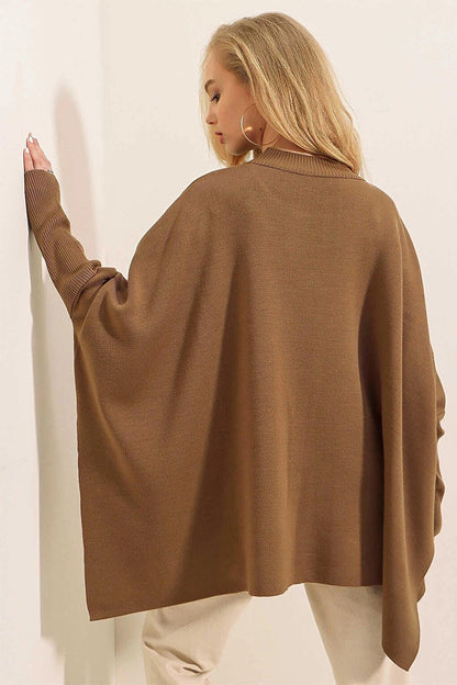 Light Brown High Collar Slit Oversize Poncho