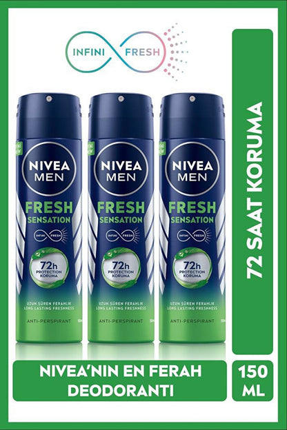 Men's Spray Deodorant Fresh Sensation 150 ml X3 Pieces, 72 Hours Anti-Perspirant Protection