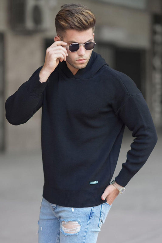 Hooded Black Knitwear Sweater 5293