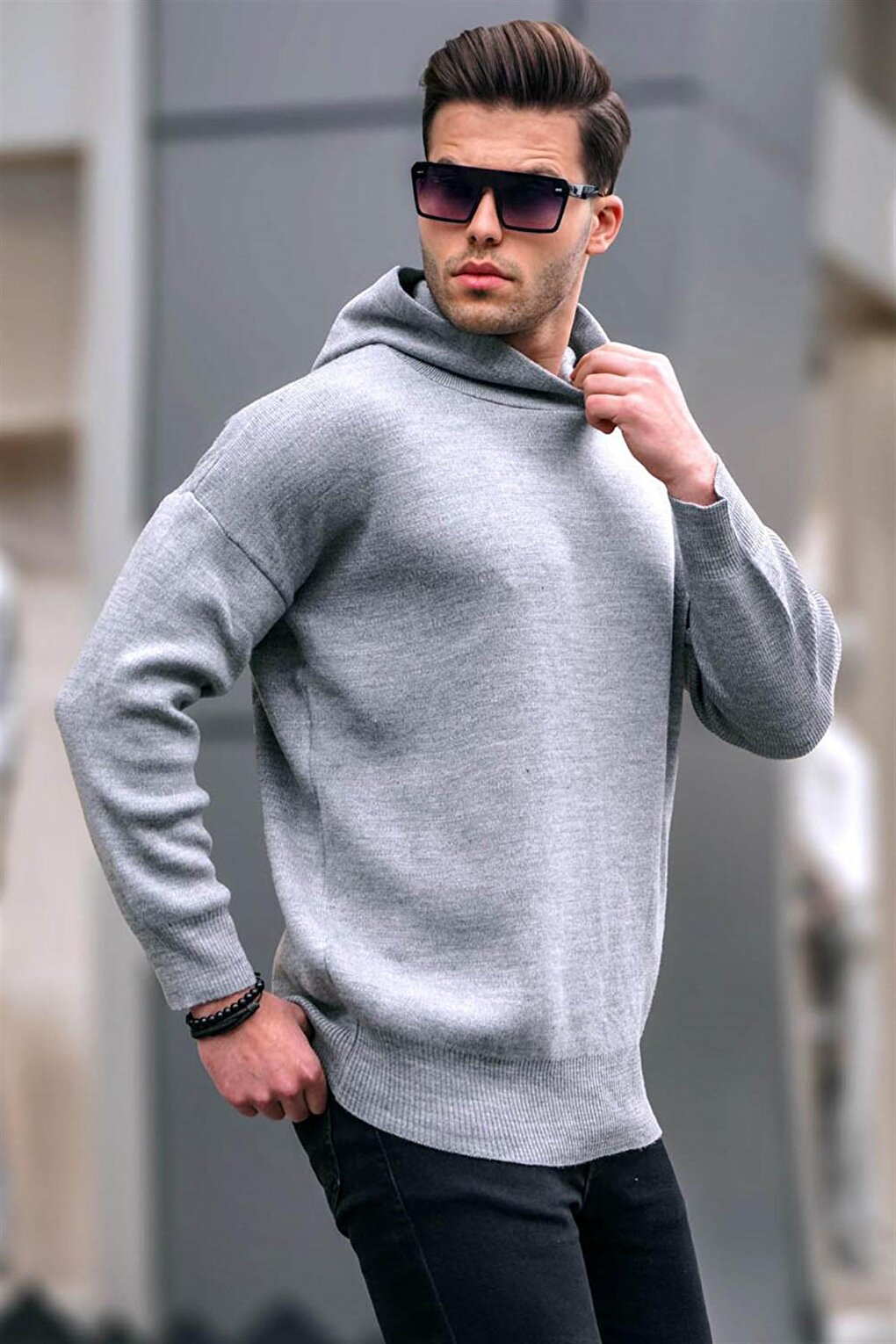 Hooded Gray Knitwear Sweater 5293