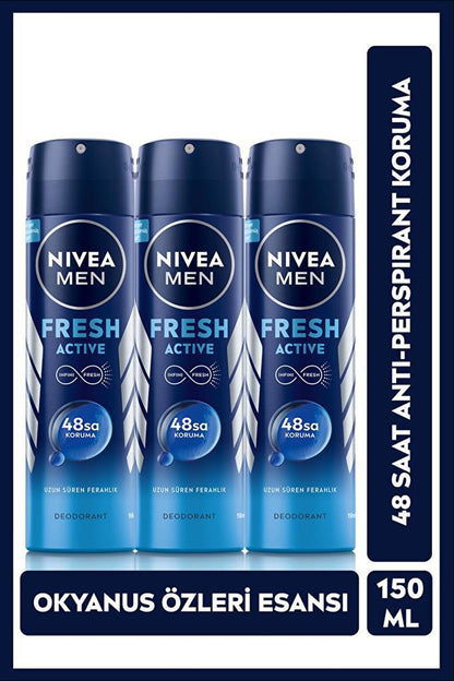 Men's Spray Deodorant Fresh Active 150 ml, X3 Pieces, 48 Hours Protection, Long-Lasting Freshness