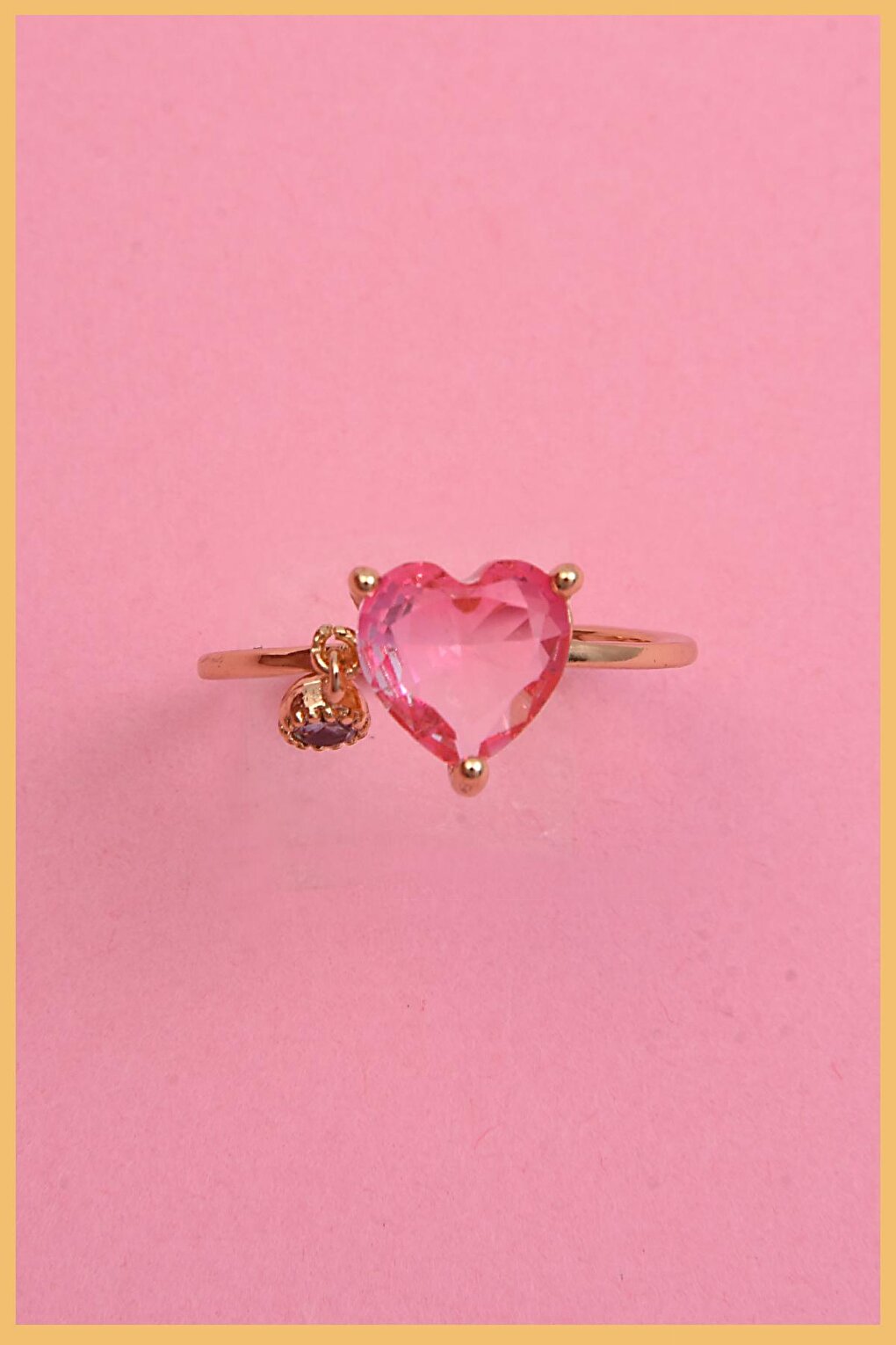 Gold Pink Heart Zircon Pendant Adjustable Steel Ring (Exclusive)