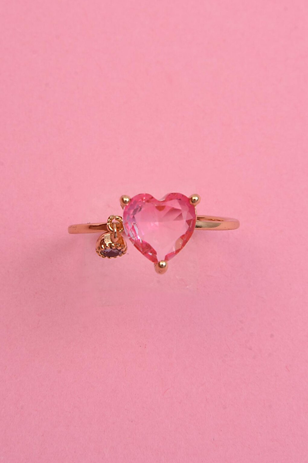 Gold Pink Heart Zircon Pendant Adjustable Steel Ring (Exclusive)