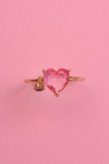 Gold Pink Heart Zircon Pendant Adjustable Steel Ring (Exclusive)