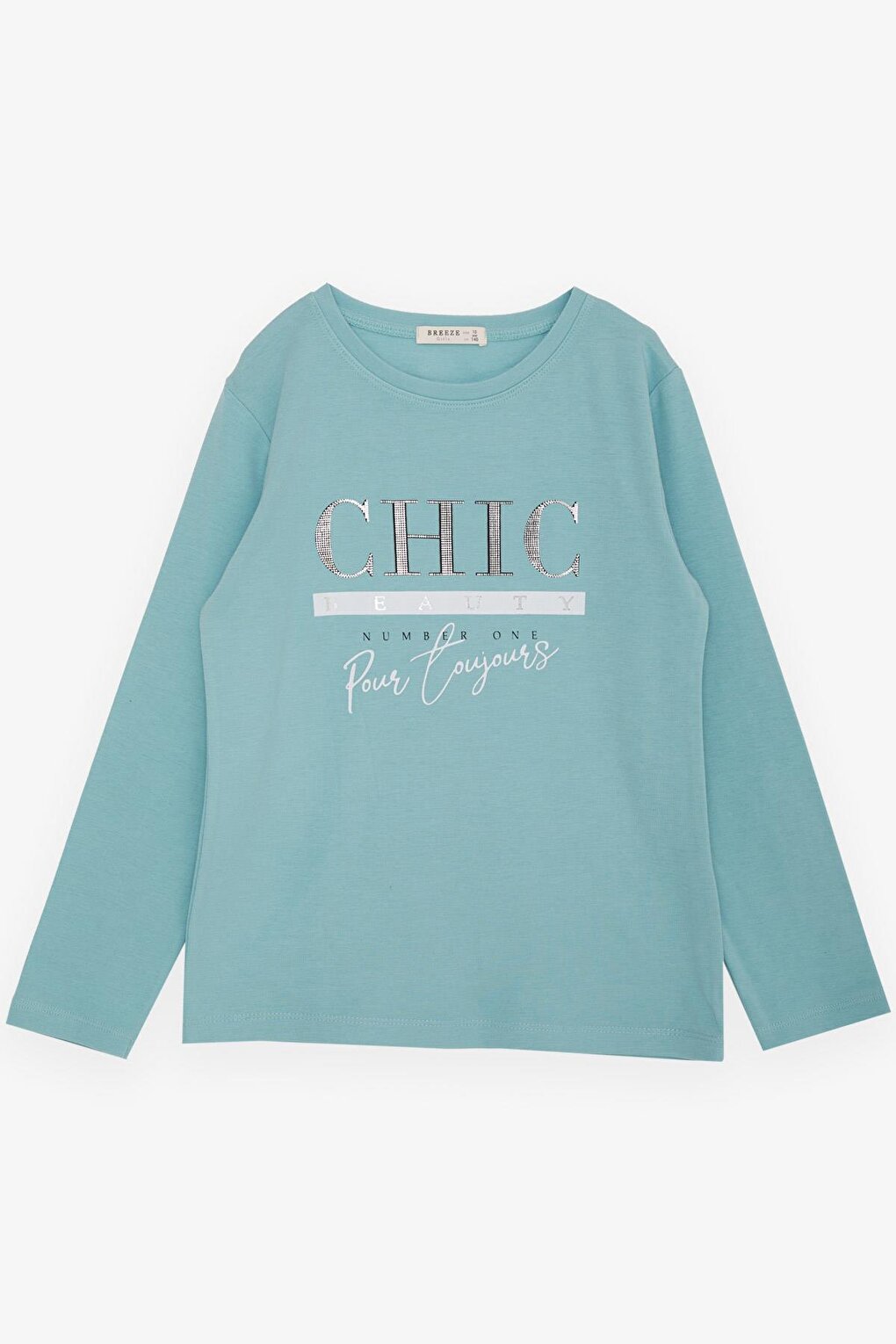 Girl's Long Sleeve T-Shirt Glitter Text Printed Water Green (Age 9-14)