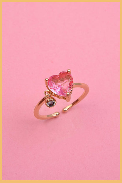 Gold Pink Heart Zircon Pendant Adjustable Steel Ring (Exclusive)