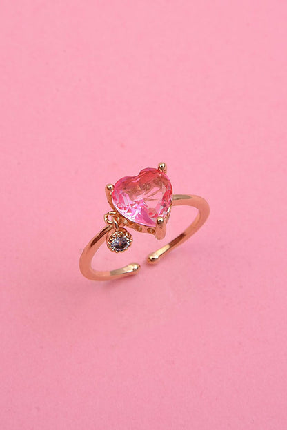 Gold Pink Heart Zircon Pendant Adjustable Steel Ring (Exclusive)