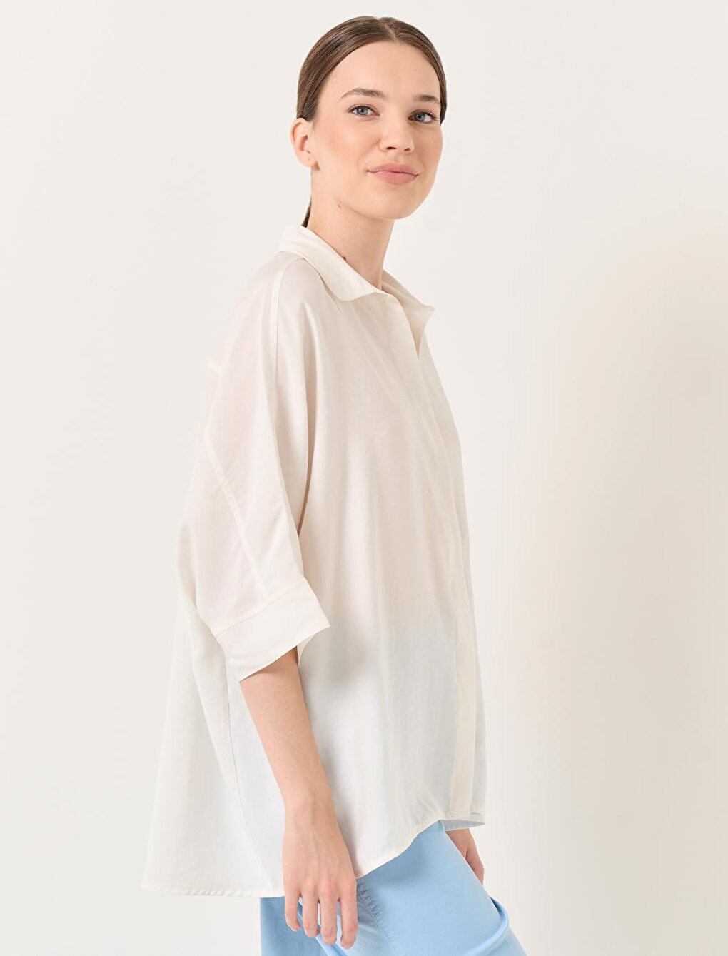 White Loose Fit Three Quarter Sleeve Slit Shirt