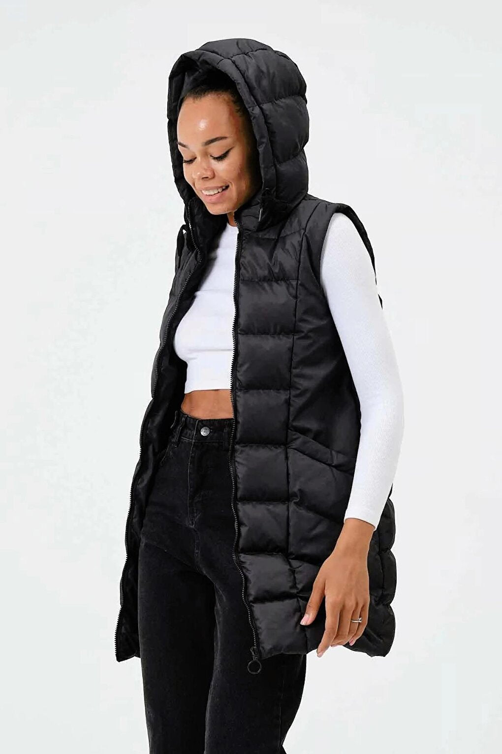 Black Hooded Zippered Long Puffer Vest