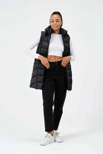 Black Hooded Zippered Long Puffer Vest