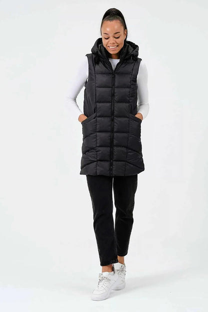 Black Hooded Zippered Long Puffer Vest