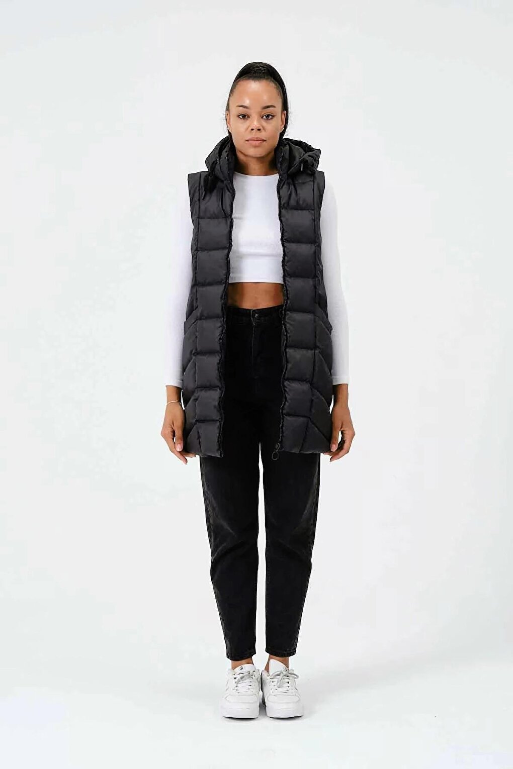 Black Hooded Zippered Long Puffer Vest