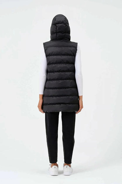 Black Hooded Zippered Long Puffer Vest